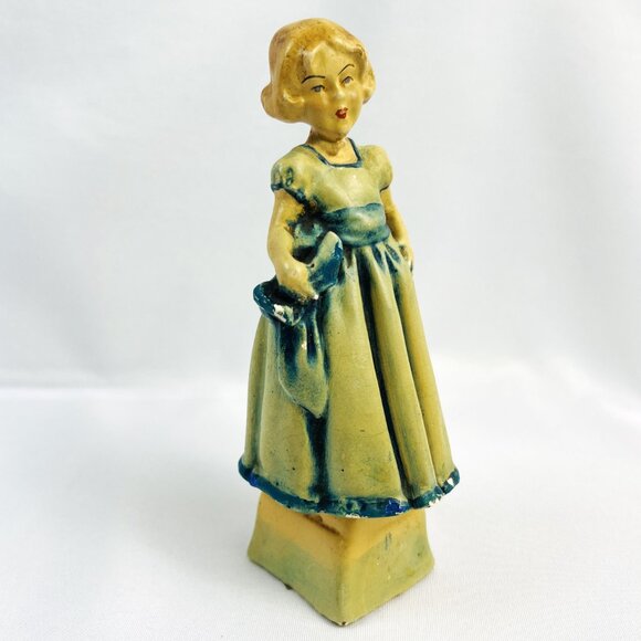 Carnival Chalkware Antique Girl Figurine Green Blue Dress Art Deco 1920s 6” - Picture 6 of 8